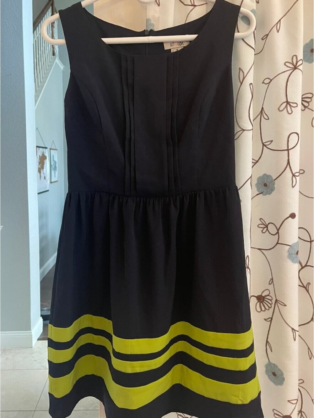 Like New | Sweet Storm | S | Navy Fit & Flare Dress with Yellow Stripe Hem